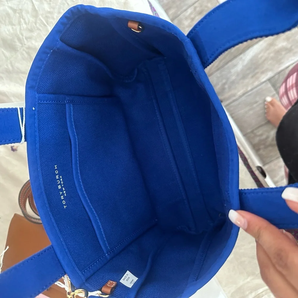 NWT Tory Burch canvas Tote, blue Dahlia, MSRP $349